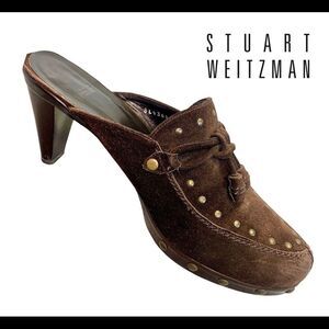 Stuart Weitzman Chocolate Brown Studded Suede Mules clogs size 9.5